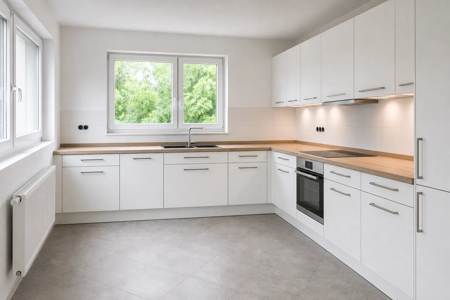 Fertig montierte L-Küche in Fürth-Südstadt mit ausgerichteten Fronten und Arbeitsplatte
