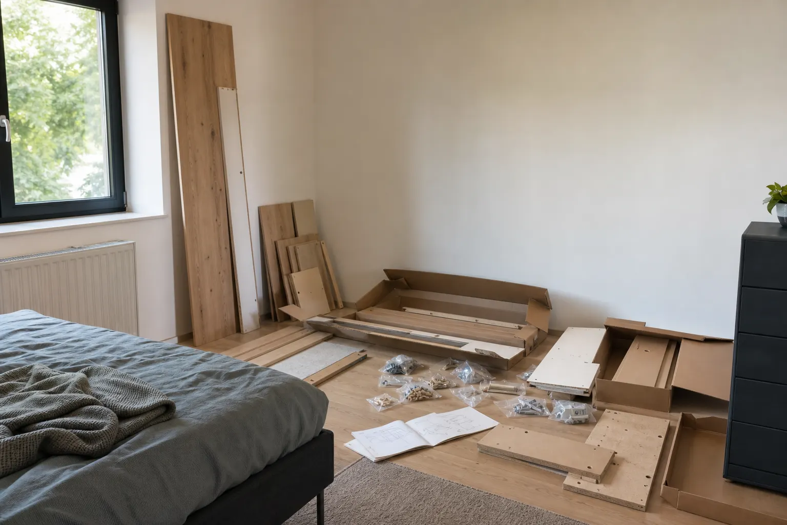 Möbelaufbau in Nürnberg — Möbelkartons und Einzelteile vor dem Aufbau in der Wohnung